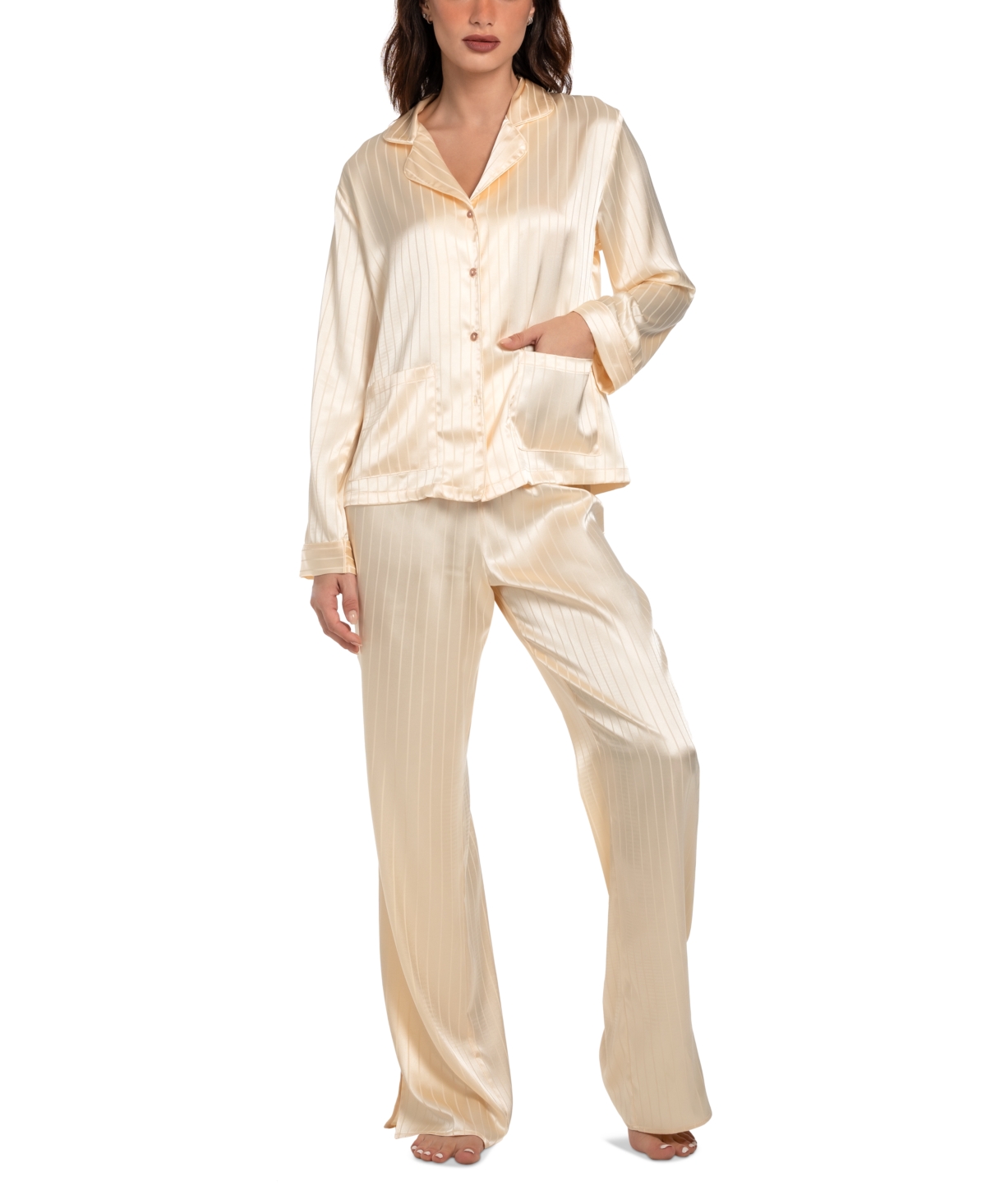 Linea Donatella Women's Satin Jacquard Striped Pajama Set In Soft Yellow