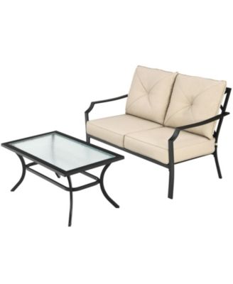 2 Pieces Patio Outdoor Cushioned Sofa Bench with Table