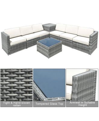8 Piece Wicker Sofa Rattan Dinning Set Patio Furniture with Storage Table