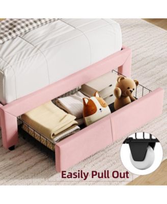 Twin Bed Frame with Drawer, Velvet Upholstered Platform Bed Frame with Storage Headboard, No Box Spring Needed, Easy Assembly, Noise-Free