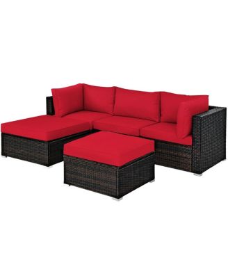 5 Pieces Patio Rattan Sofa Set with Cushion and Ottomans
