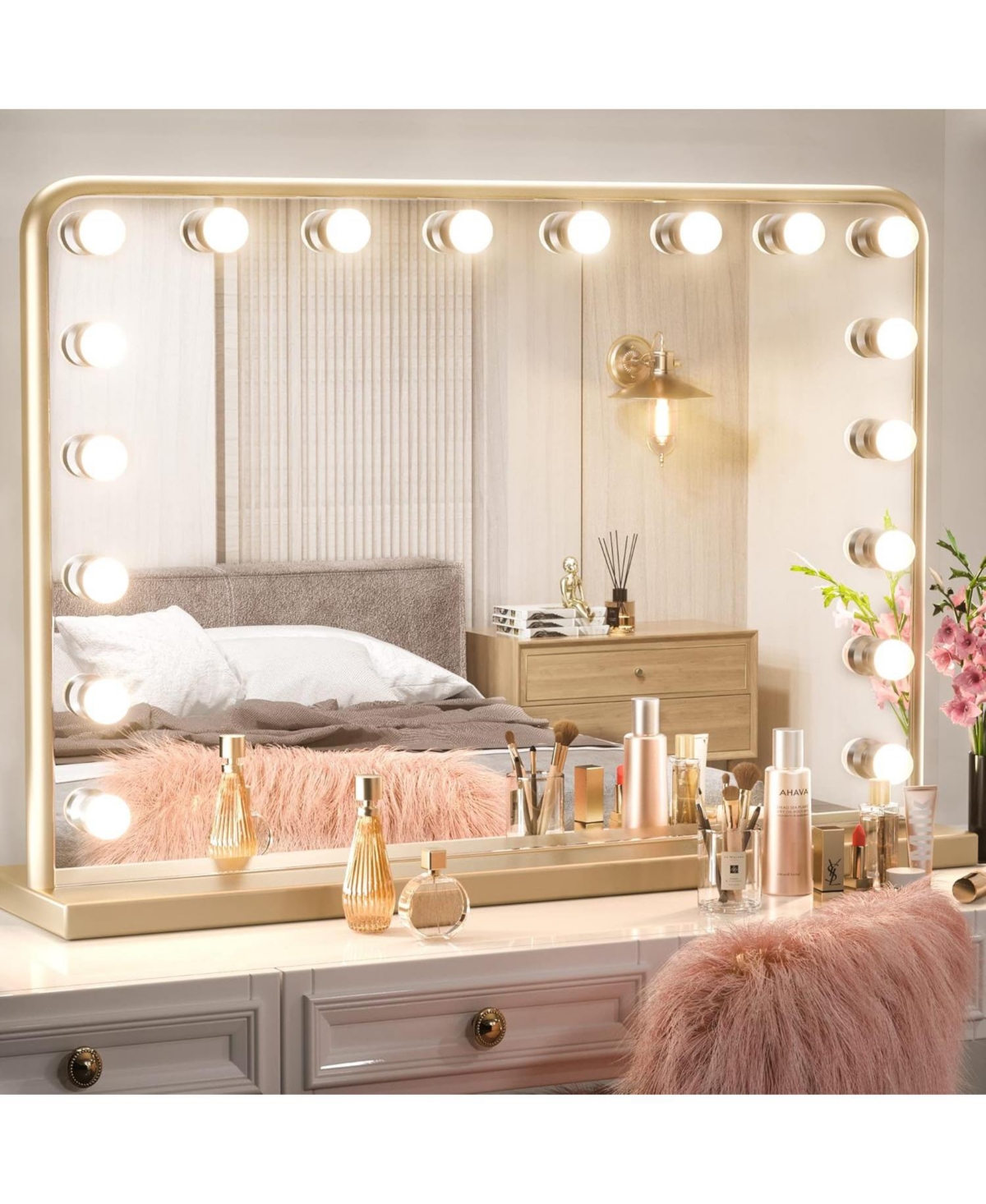 Hollywood Frame Makeup Mirror with 3 Color Lights & Memory Function - Gold