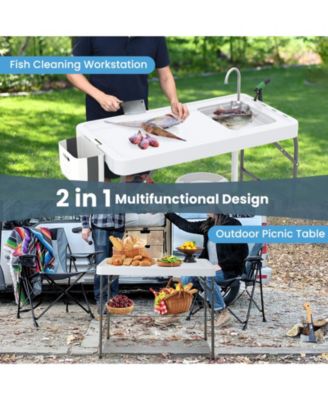 2 in 1 Folding Fish Cleaning Table with Sink and Faucet for Patio BBQ