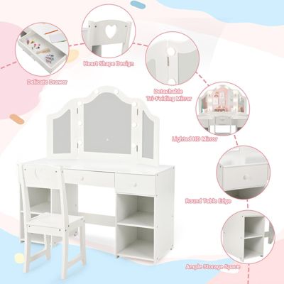 1 PC  MDF material Kids Princess Makeup Desk & Chair Set Withtouch Light Vanity Table,