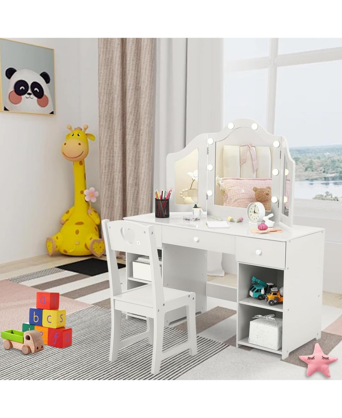 gaomon Kids Vanity Set, 2-in-1 Princess Makeup Table with Tri-Folding Mirror & Drawer, Stool, Toddler Vanity, Pretend Play Set for