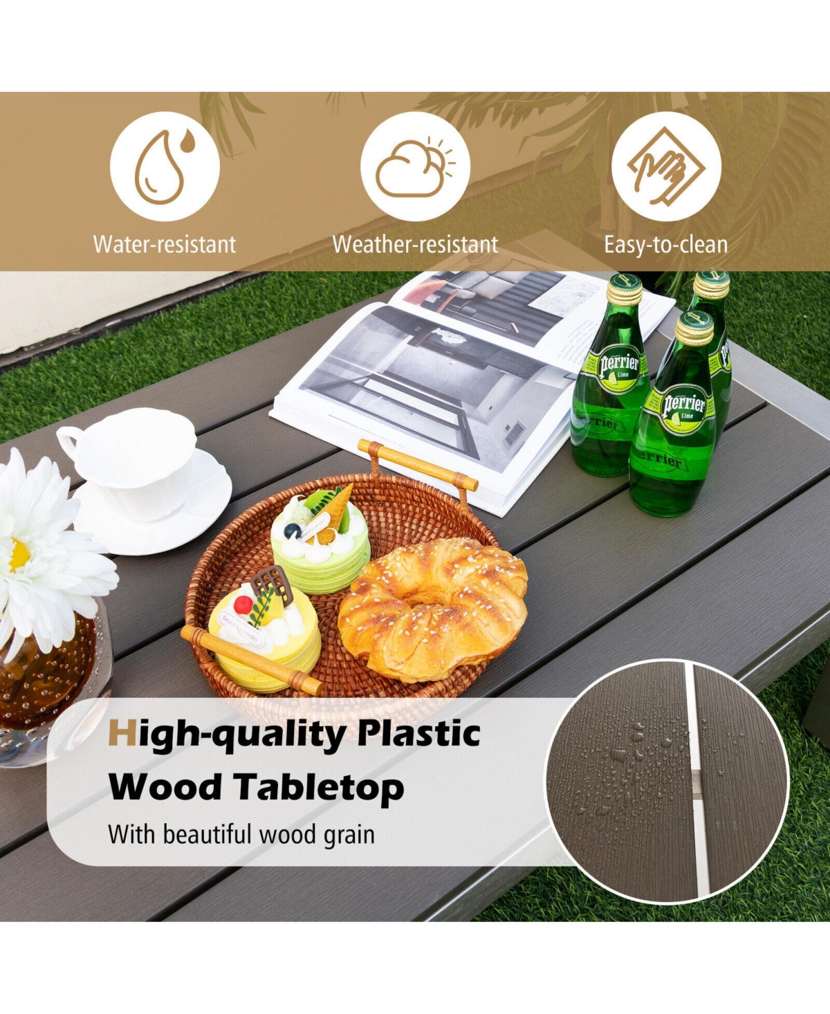 Gouun Modern Rectangular Patio Table with Plastic Wood Tabletop and Rustproof Aluminum Frame