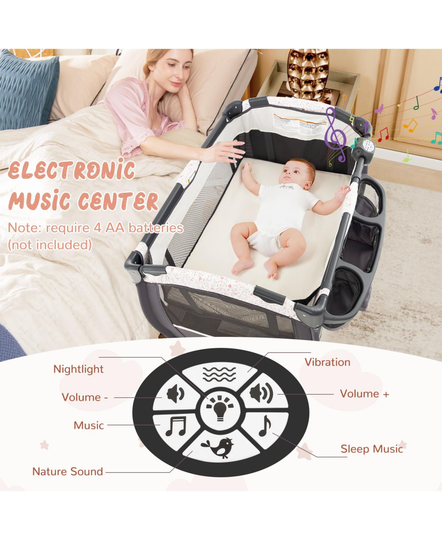 Kids 4 in 1 Portable Pack and Play Nursery Center with Bassinet-Heart