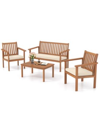 4 Piece Patio Wood Furniture Set Acacia Wood Sofa Set with Loveseat-Off