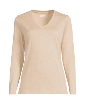 Women's Petite Relaxed Supima Cotton Long Sleeve V-Neck T-Shirt