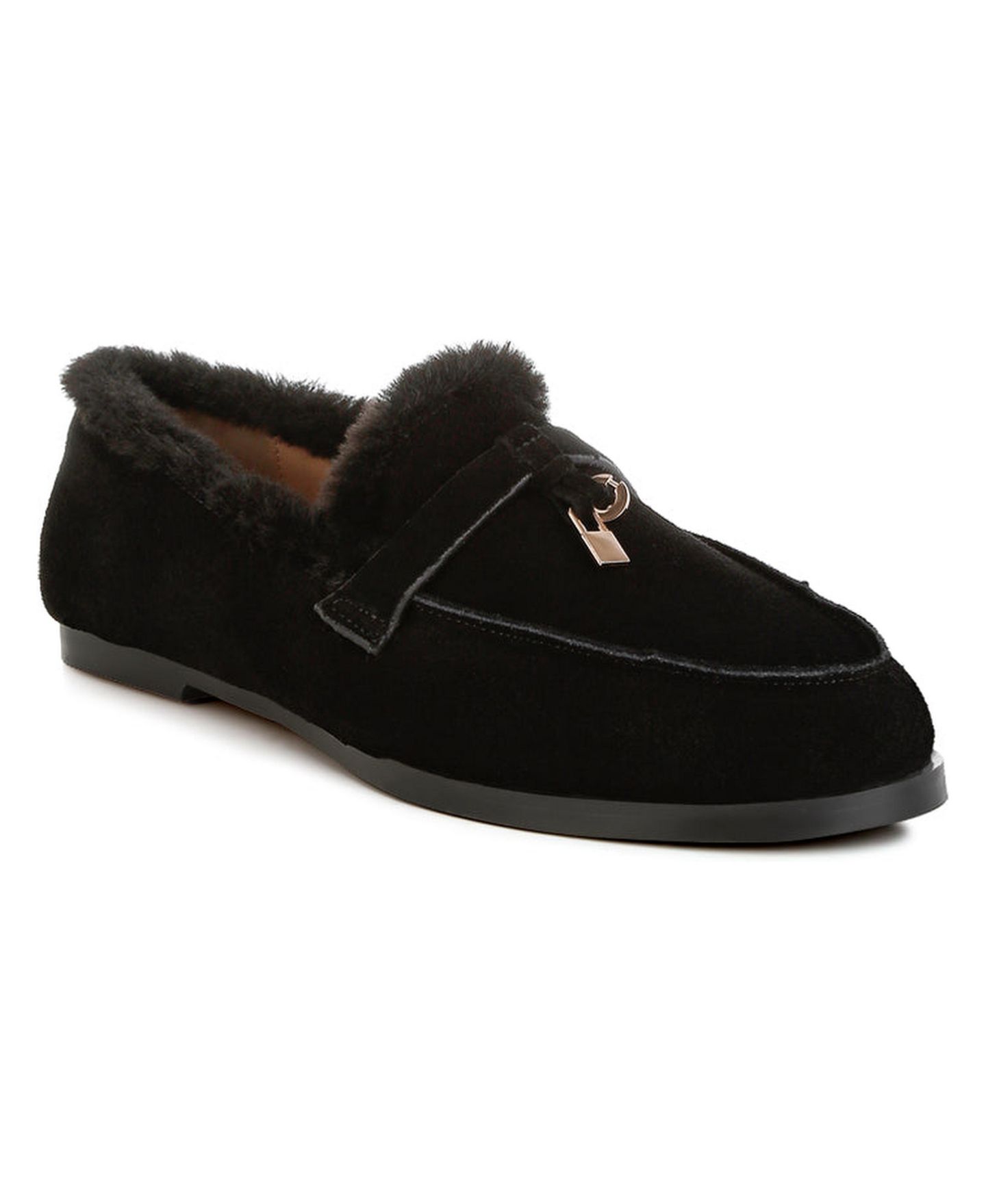 Женские туфли Rag & Co Ohrid Suede and Faux Fur Flat, цвет: Чёрный замшевый кожаный — фото 2