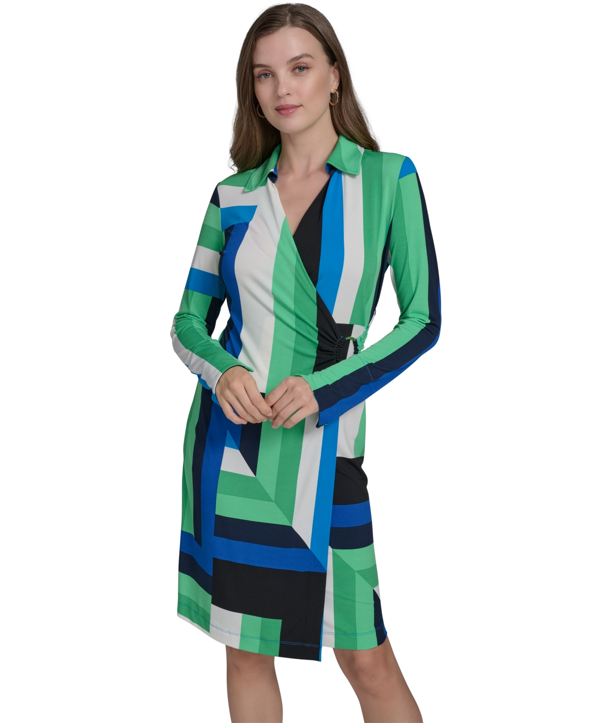 HALSTON WOMEN'S PRINTED FAUX-WRAP LONG-SLEEVE SHEATH DRESS 