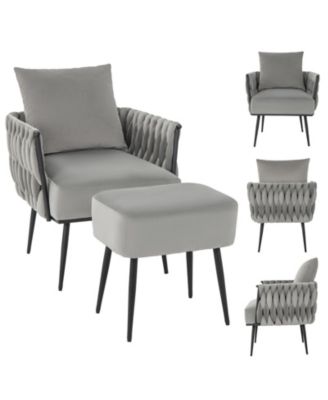 Modern Dutch Velvet Accent Chair and Ottoman Set with Weaved Back and Arms