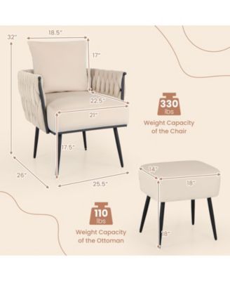 Modern Dutch Velvet Accent Chair and Ottoman Set with Weaved Back and Arms