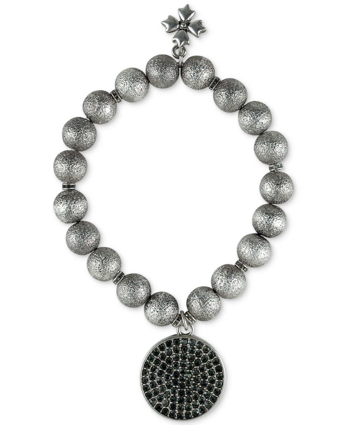 Silver-Tone Dark Crystal Disc Beaded Stretch Bracelet - Silver Ox