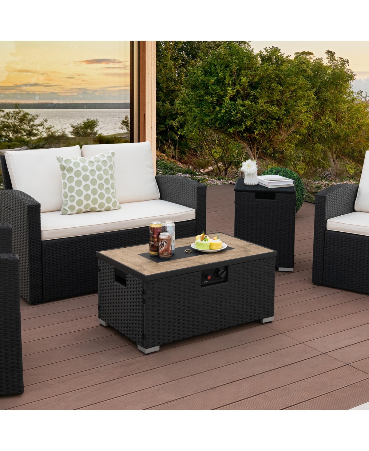 Gouun 32 x 20 Inch Propane Rattan Fire Pit Table Set with Side Table Tank and Cover