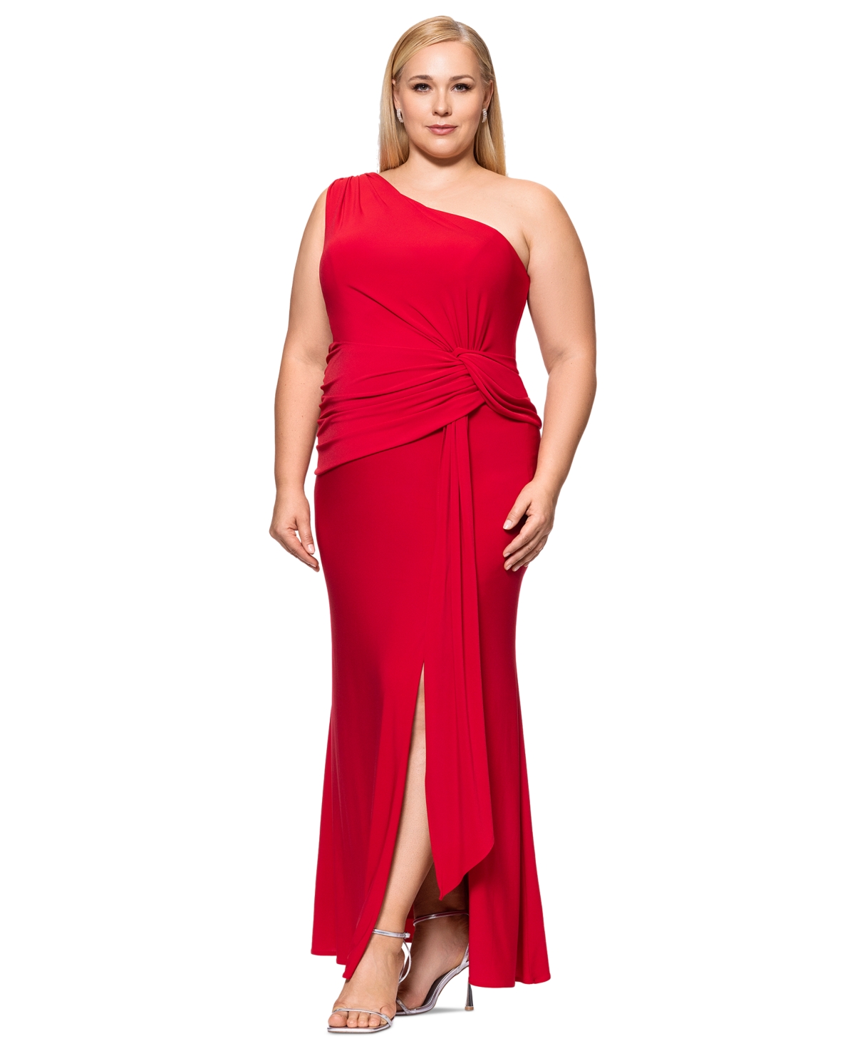 Xscape Plus Size One-shoulder Draped-detail Gown In Red