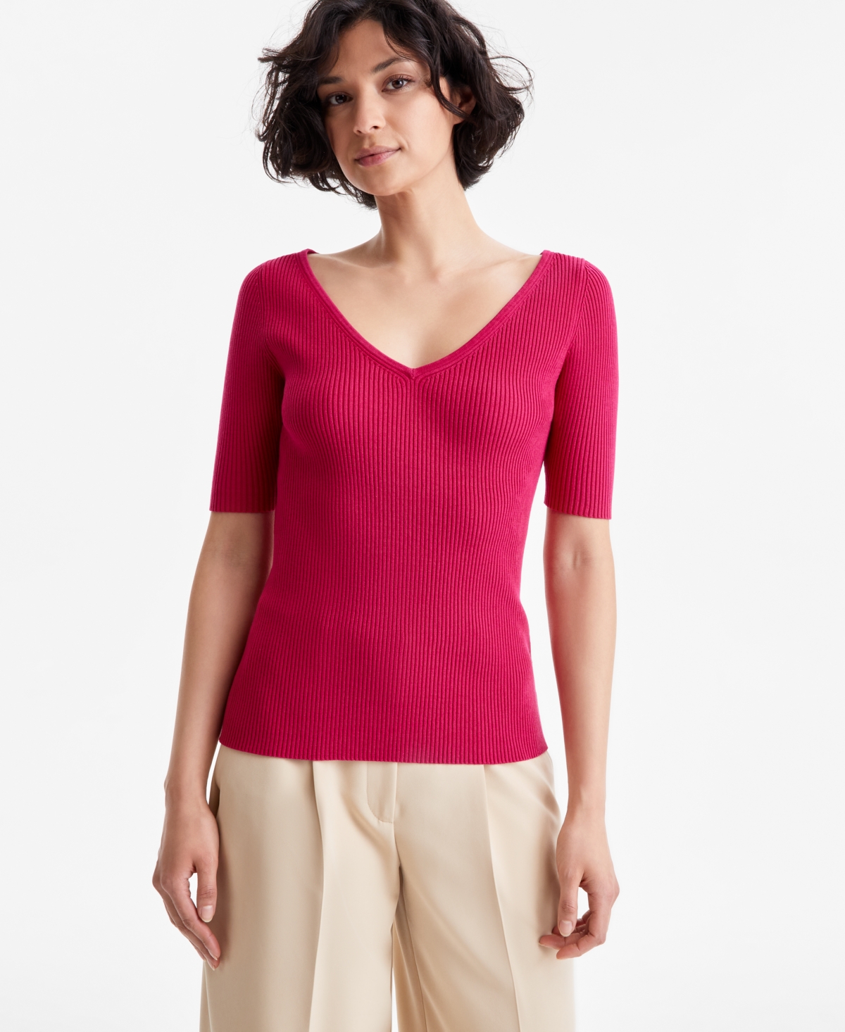 Women's V-Neck Ribbed Top - Jazzy Pink