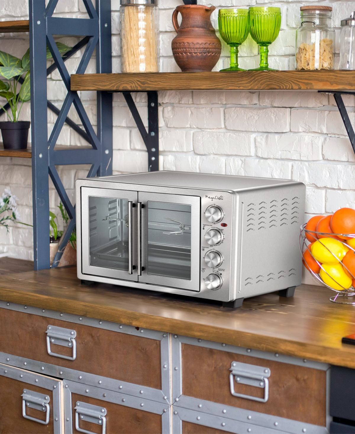 Megachef 25 Liter Electric French Door Countertop Oven With Rotisserie Set In Silver