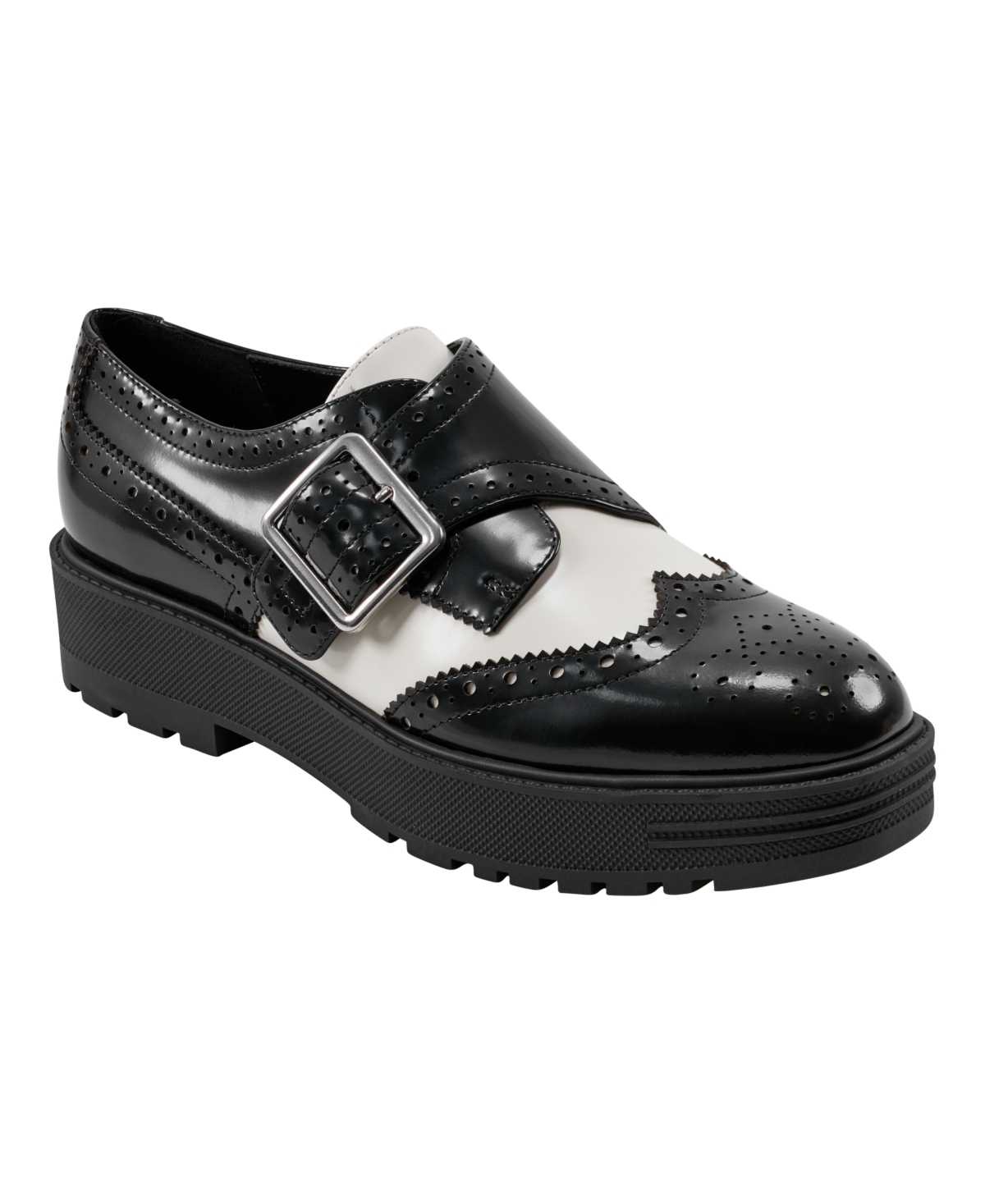Marc Fisher Ltd Remona Wingtip Monk Strap Platform Loafer In Black,white Leather