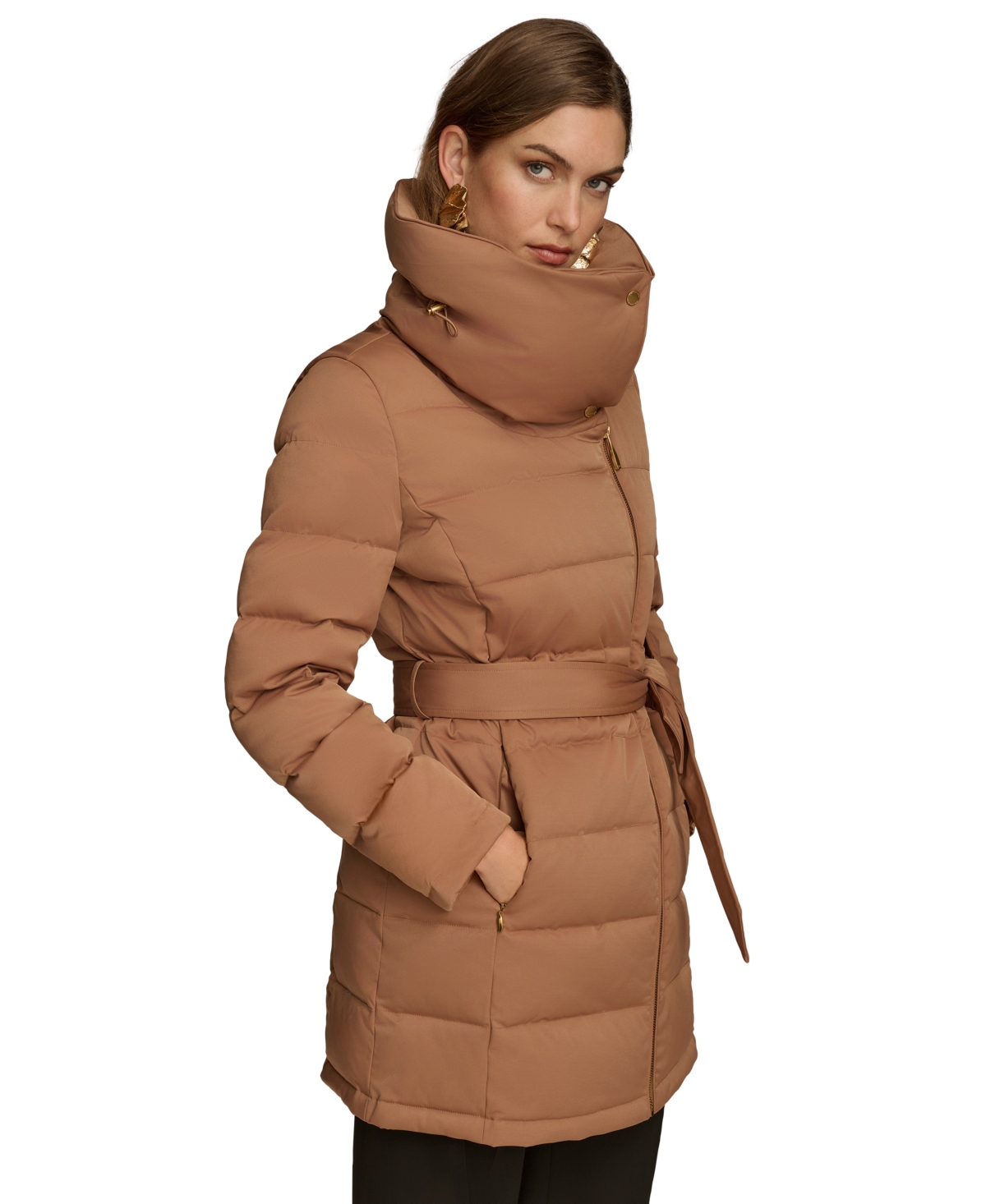 Donna Karan Women's Belted Asymmetric Puffer Coat In Antique Gold