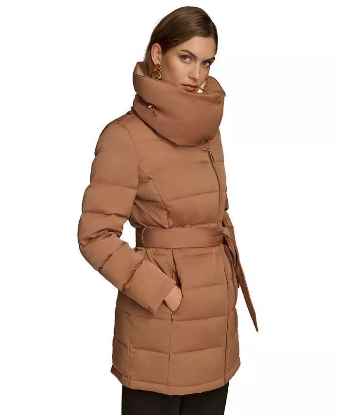 Women's Belted Asymmetric Puffer Coat - thumbnail 7