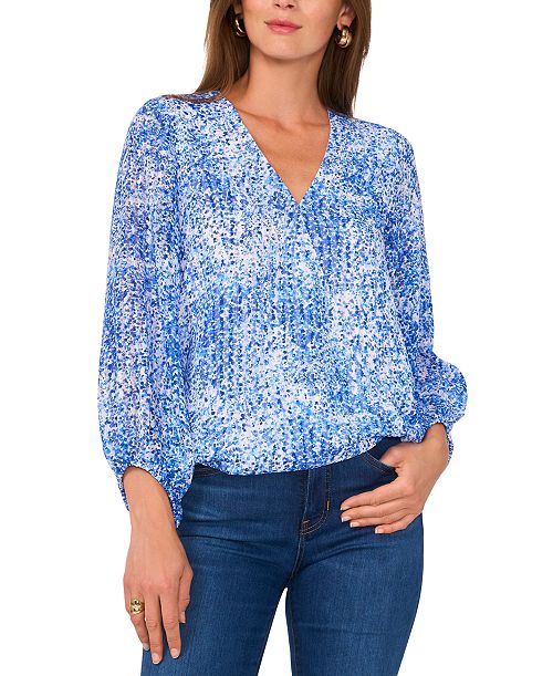 alfani Vince Camuto Women's Printed V-Neck Balloon-Sleeve Faux-Wrap Top Women's Fashion Shoes & Accessories