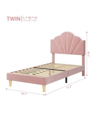 Twin Pink Bed Frame, Twin Velvet Upholstered Bed Frame with Height Adjustable Headboard, Girl Twin Bed Frame with Strong Wood Slat Support and Metal Frame, No Box Spring Needed/Noise-Free