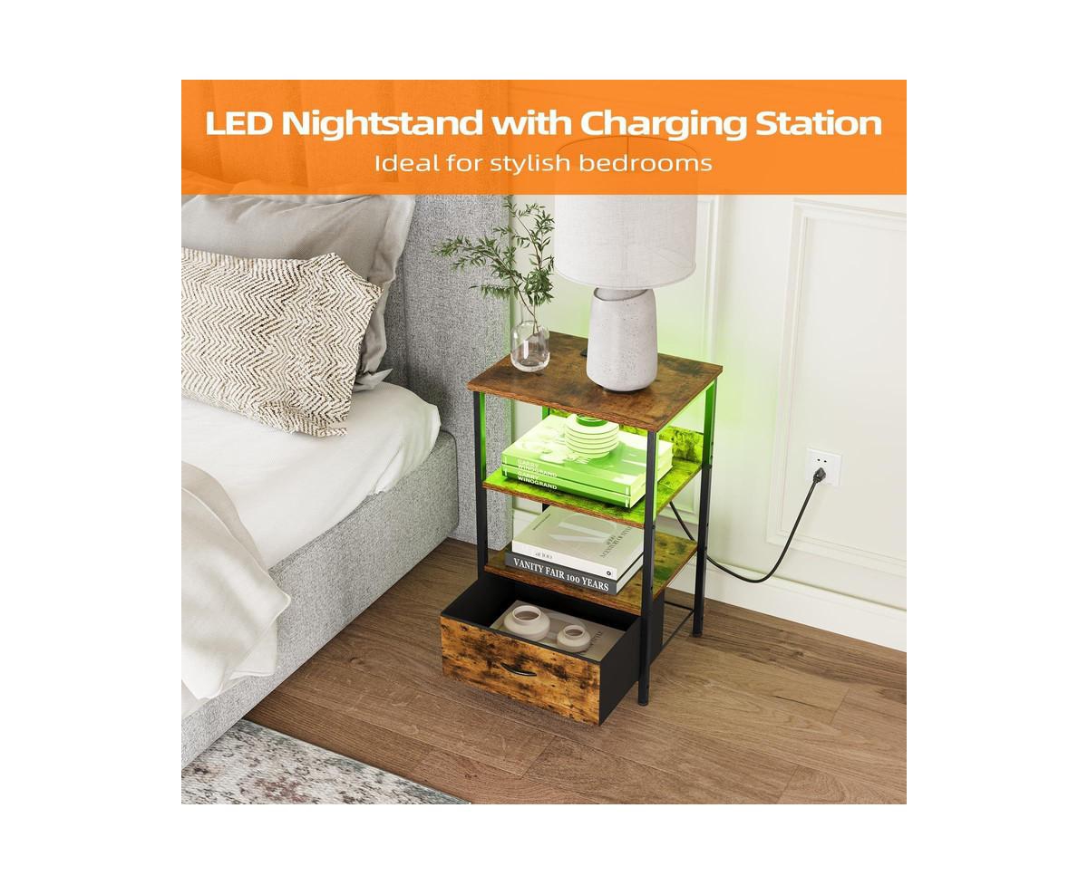 gaomon Nightstand with Charging Station and Dimmable Led Lights,Night Stand with Usb Ports & Outlets, 3-Tier Storage End Table, Bedside Tables for Bed