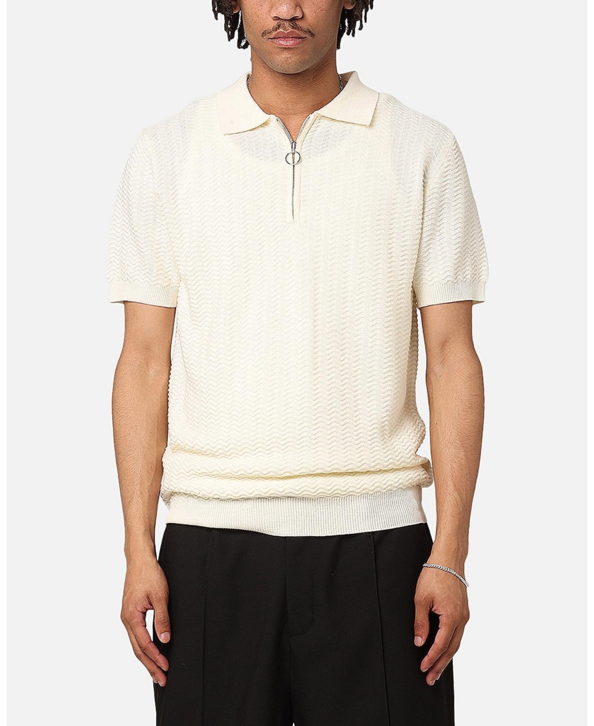 Herringbone Quater Zip Polo Shirt - Cream
