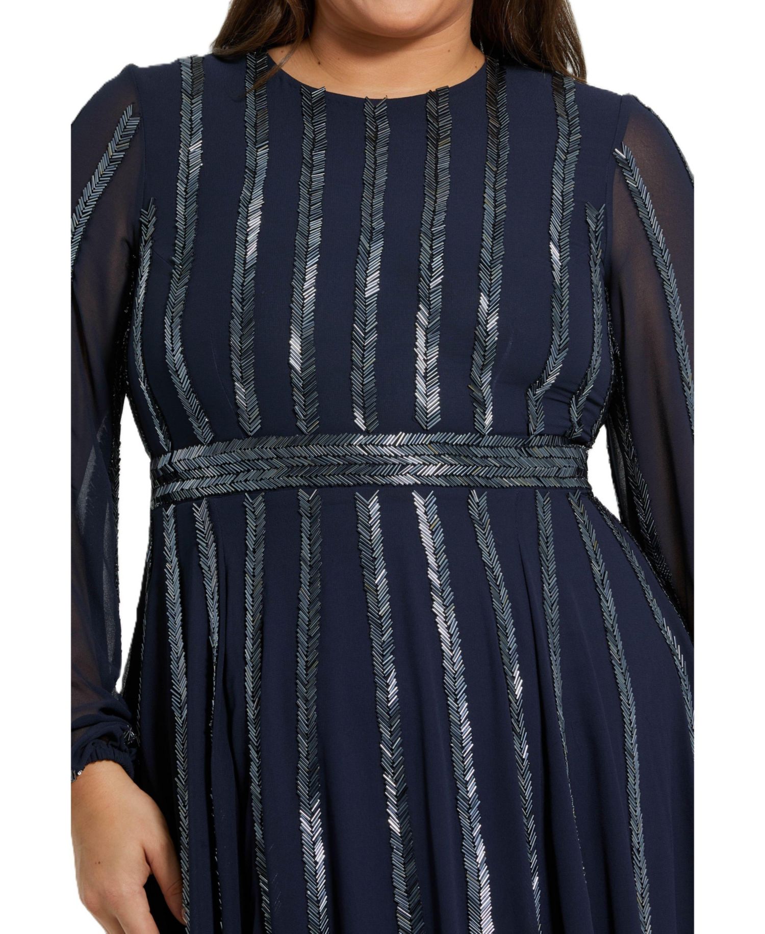 Plus Size Long Sheer Sleeve Beaded Dress