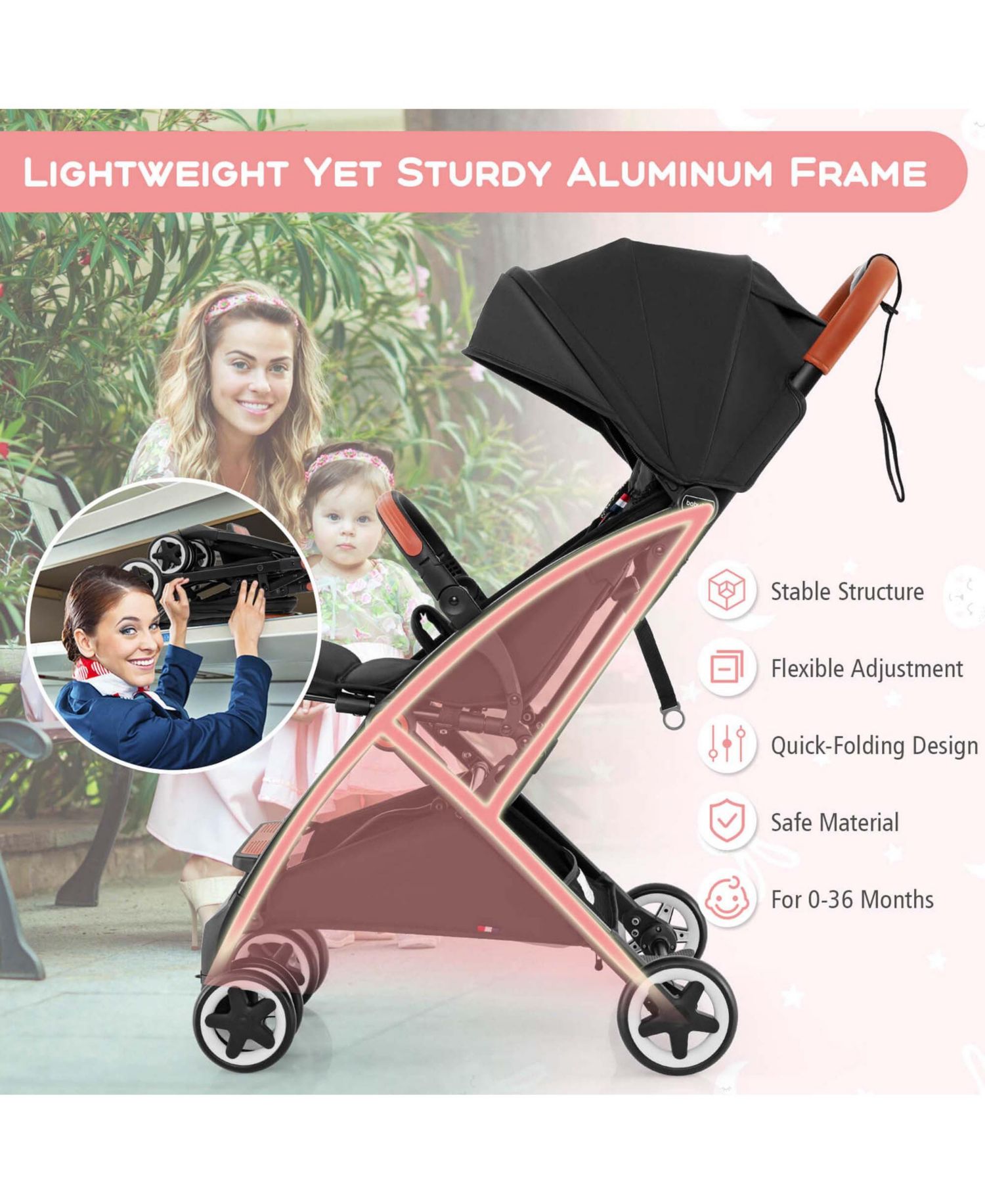 Lightweight Baby Stroller Aluminium Frame for Home Office Use