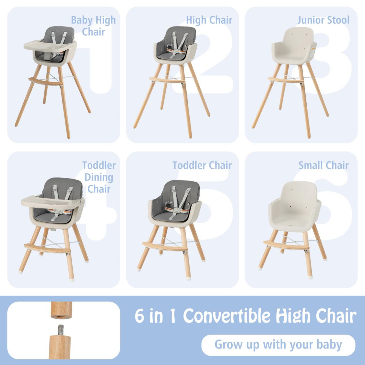 3-in-1 Convertible Wooden Baby High Chair with Cushion