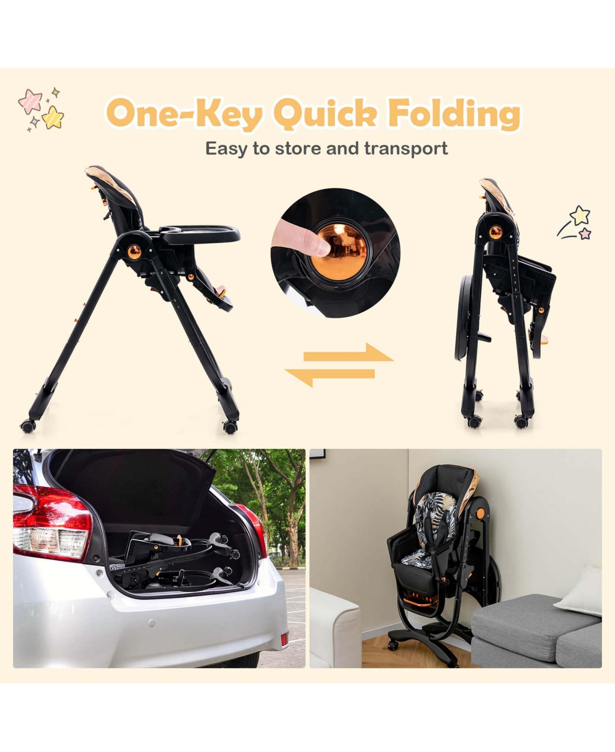 Costway Toddler High Chair with Wheel Folding Dining Adjustable Height & Recline