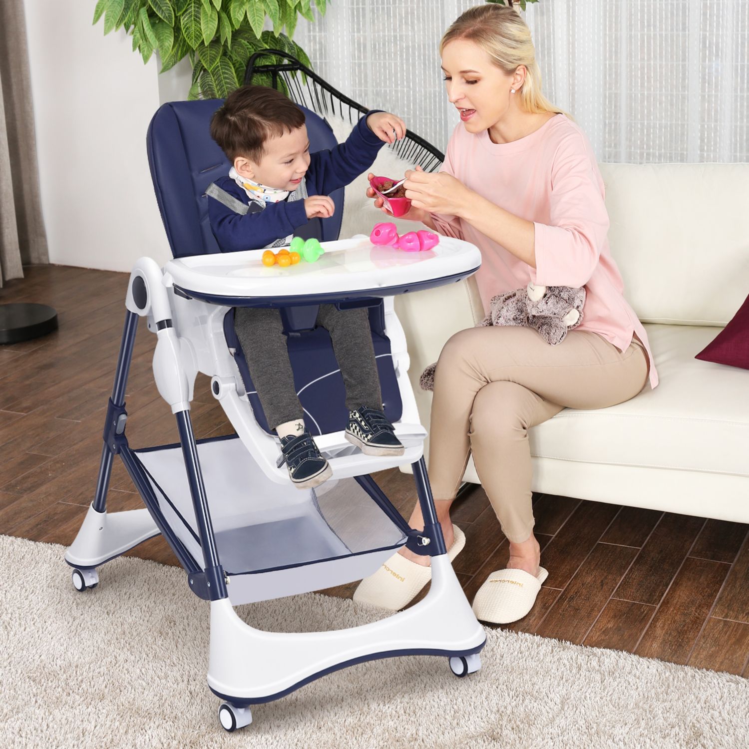 Adjustable Baby High Chair with Lockable Wheels and Tray