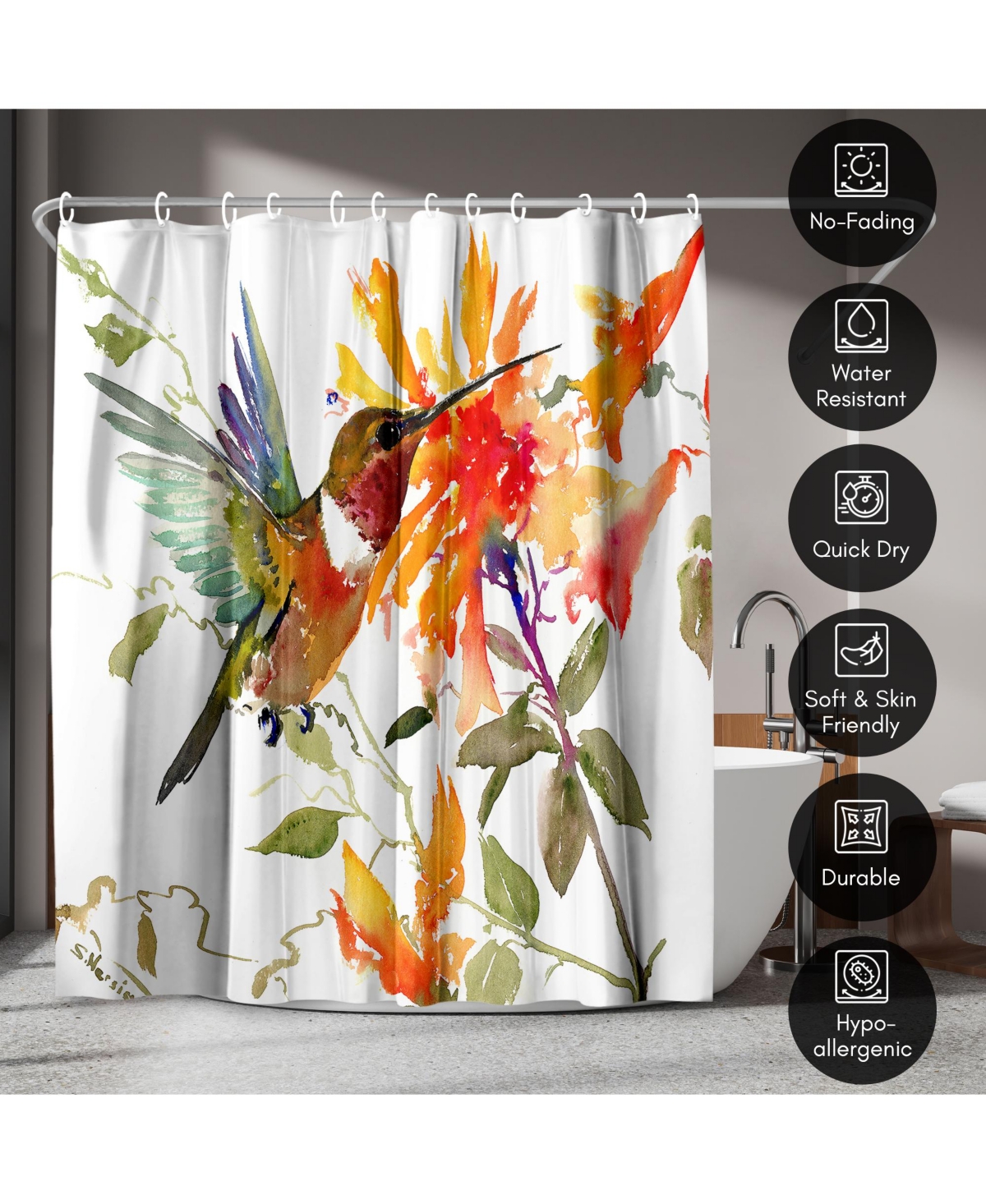 Americanflat Hummingbird and Orange Flowers Shower Curtain - 100% Polyester Shower Curtain