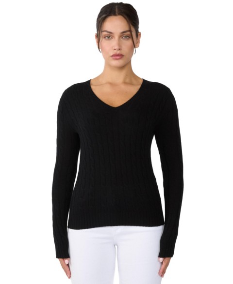 Женские JENNIE LIU Women's 100% Cashmere Cable-knit Long Sleeve Pullover V Neck Sweater