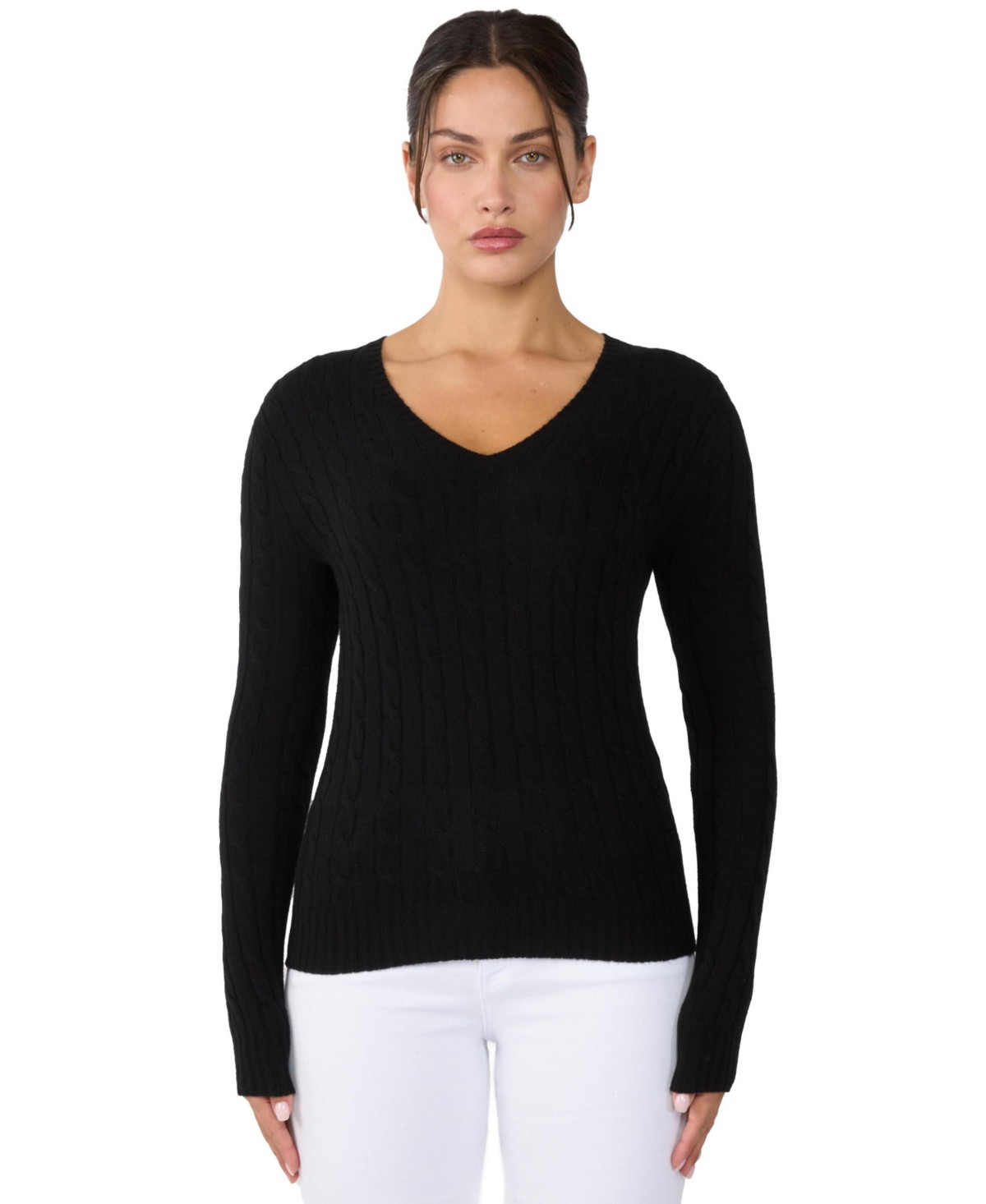 Женские JENNIE LIU Women's 100% Cashmere Cable-knit Long Sleeve Pullover V Neck Sweater — фото 1
