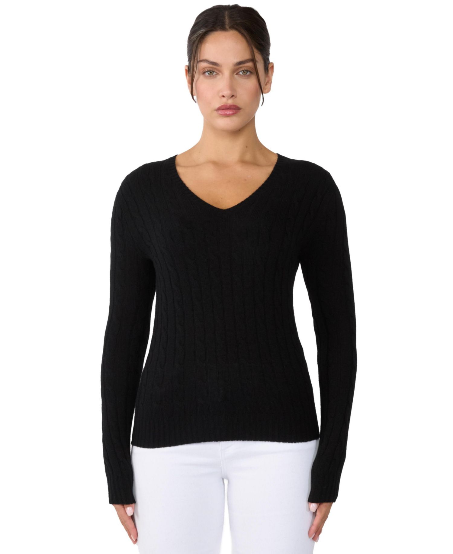 Women's 100% Cashmere Cable-knit Long Sleeve Pullover V Neck Sweater