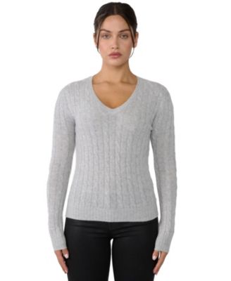 Women's 100% Cashmere Cable-knit Long Sleeve Pullover V Neck Sweater