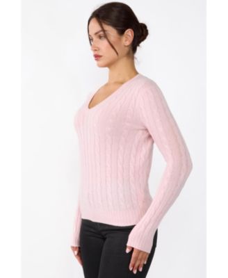 Women's 100% Cashmere Cable-knit Long Sleeve Pullover V Neck Sweater