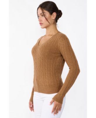 Women's 100% Cashmere Cable-knit Long Sleeve Pullover V Neck Sweater