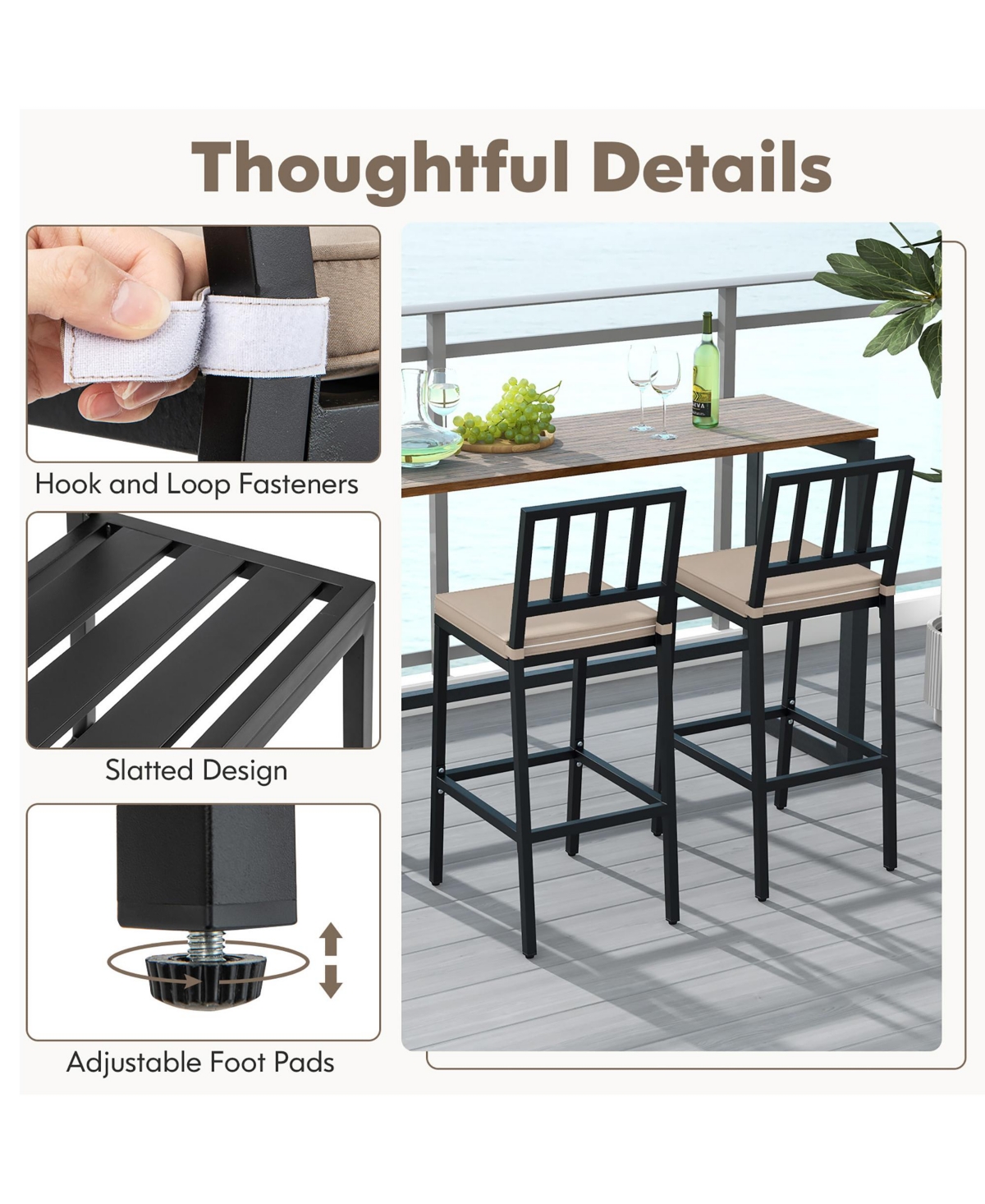 Gymax Patio Bar Chair Set of 2 Heavy Duty Metal All Weather Bar Stools w/ Backrest - Black + beige