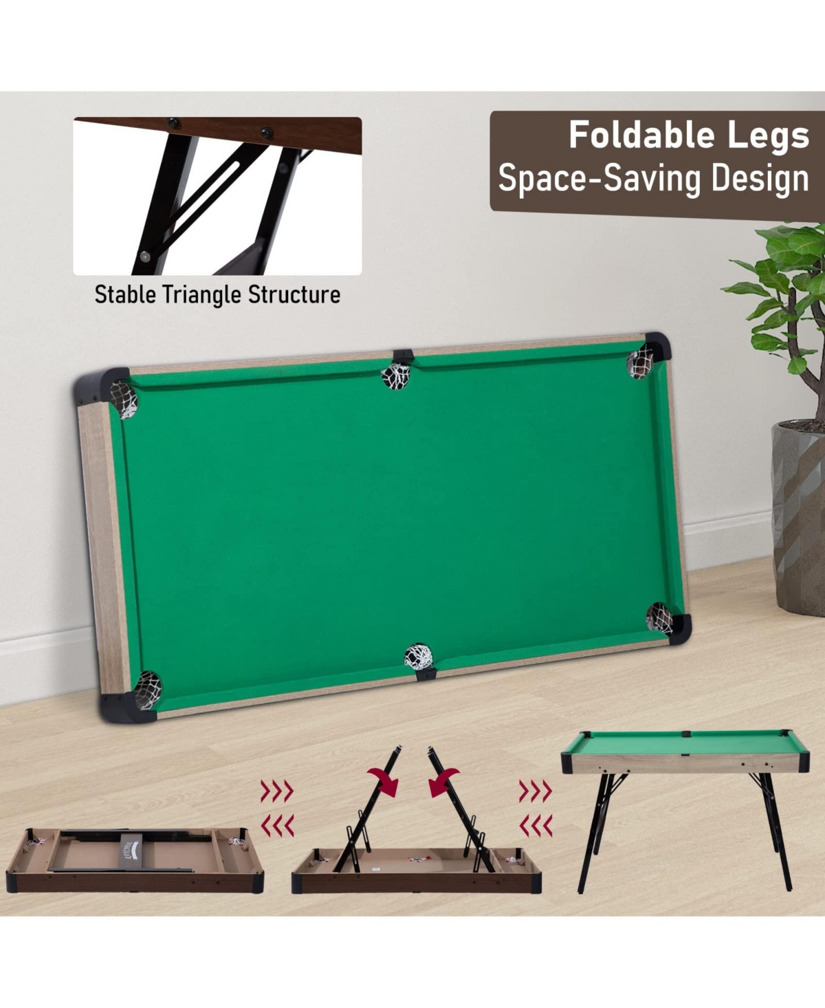 Sugift Folding Pool Table, Portable Billiard Game Tables with Locking Legs, Adjustable Feet, Balls, Cues, Triangle, Chalk, Brush