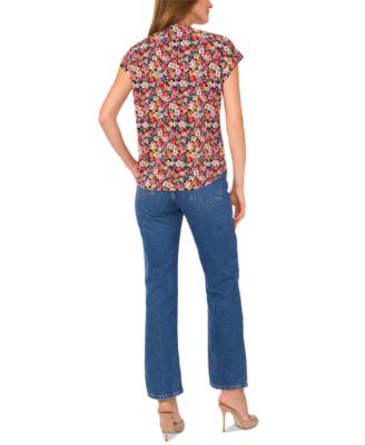 Women's Floral-Print Split-Neck Cap-Sleeve Top