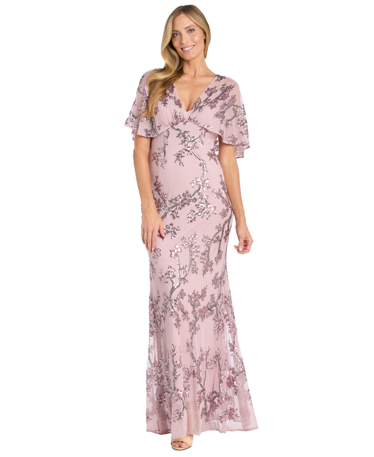 Women's Sequin Embellished Cape-Sleeve Gown - Rose