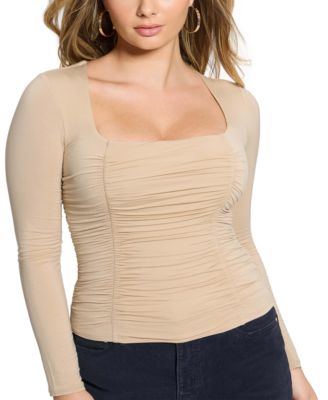 GUESS - Women's Adrianna Ruched Square-Neck Long-Sleeve Top