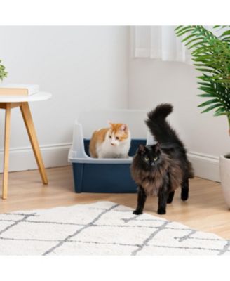 USA Extra Large Open Top Cat Litter Box with Scatter Shield, Sturdy Easy to Clean Open Air Kitty Litter Pan with Tall Spray, Navy