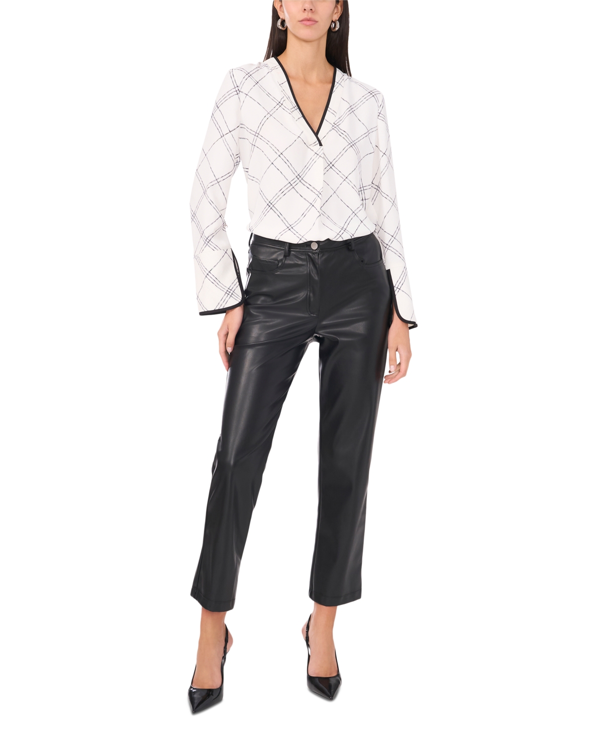 Shop Vince Camuto Women's Windowpane-print V-neck Top In New Ivory