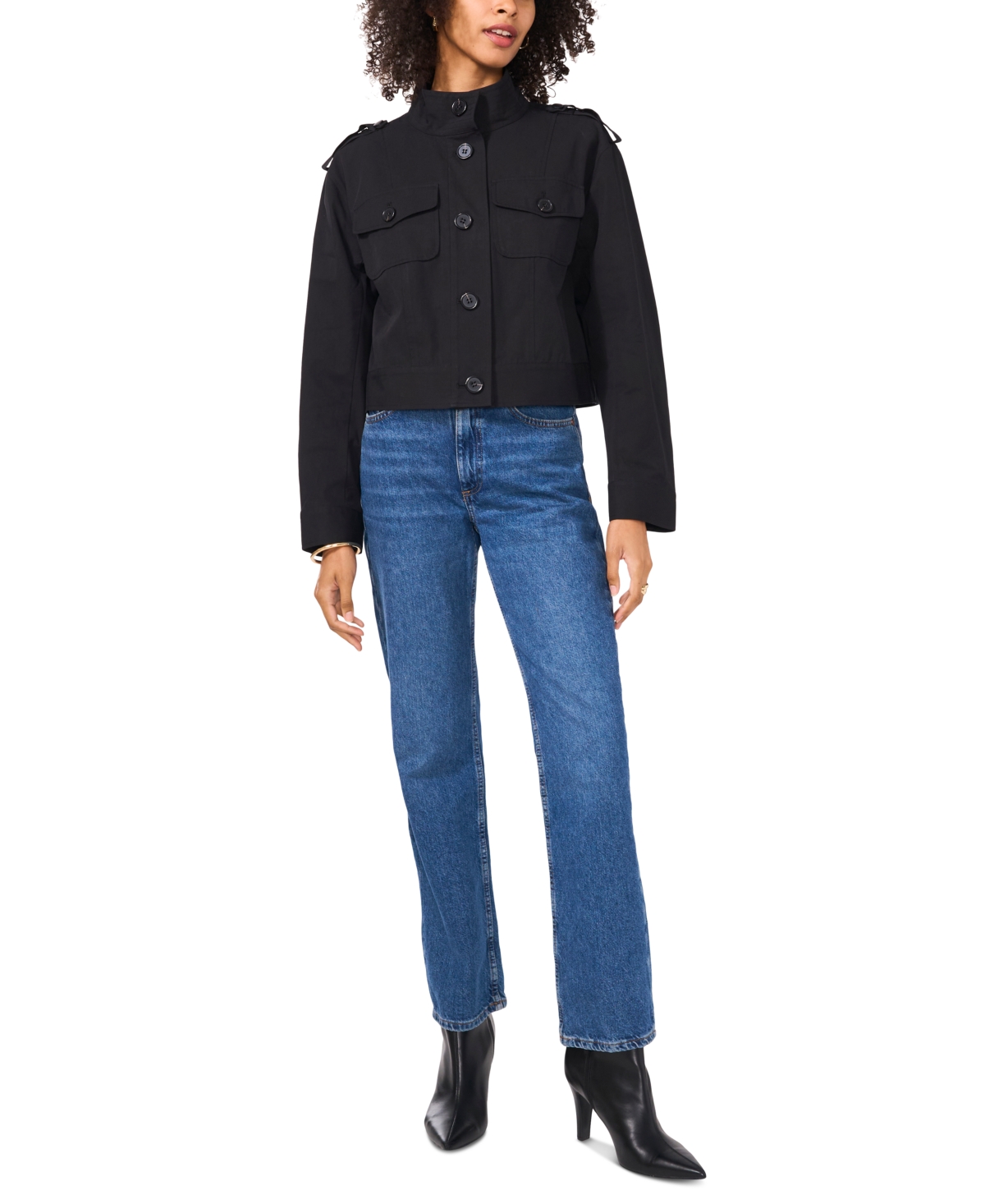 Shop Vince Camuto Women's Button-front Cropped Jacket In Rich Black