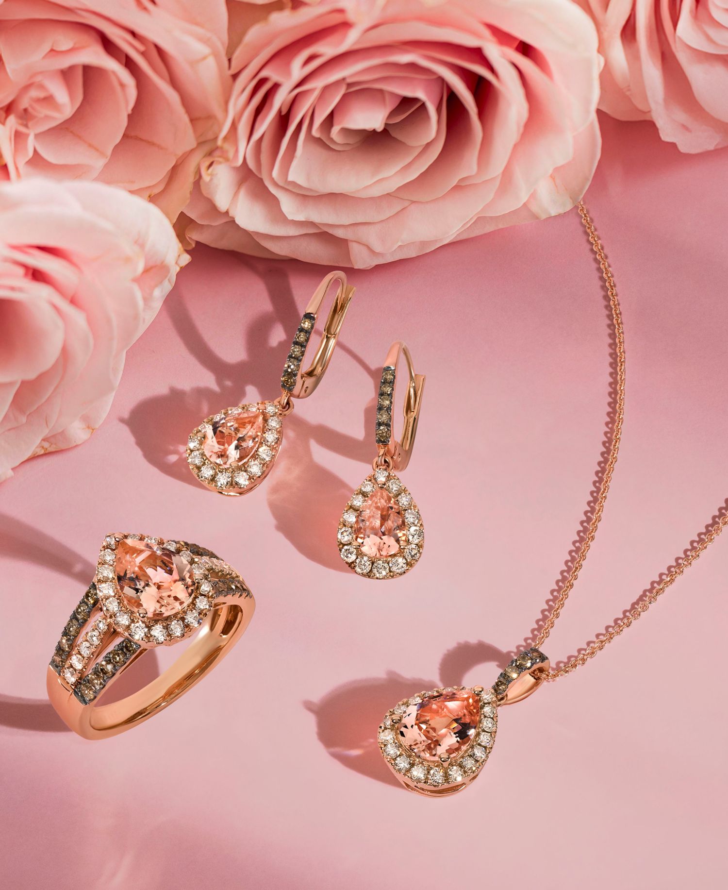 Peach Morganite (1-1/10 ct. t.w.), Nude Diamond (1/4 ct. t.w.) & Chocolate Diamond (1/20 ct. t.w.) Pendant 20" Adjustable Necklace in 14k Strawberry Gold